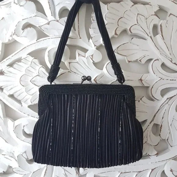 Jessica McClintock Black Beaded Evening Bag with Kiss Lock - Picture 3 of 10